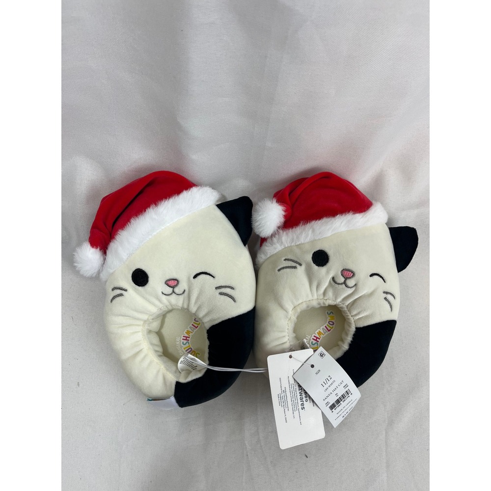 Squishmallows Santa Hat Cat Plush Slippers Off-White Black Holiday Toddler 11/12